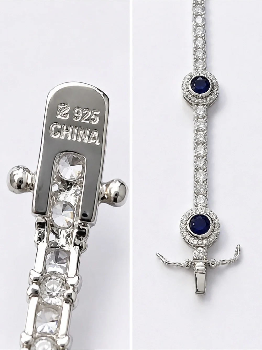925 Sterling Silver Blue Sapphire wnd Cubic Zirconia Tennis Bracelet Size 7” - Picture 6 of 16